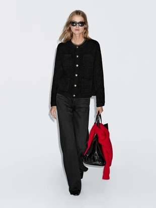 BLACK | 5802/933/800 - Massimo Dutti Кардиган из шерстяной смеси с пуговицами из золота