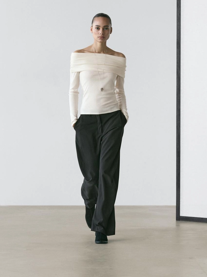 Футболка из хлопкового смесового материала с деталями бандо