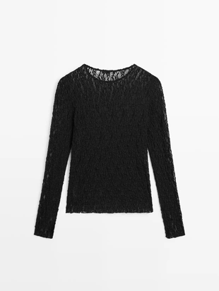 Вязаный топ с длинными рукавами и кружевом- Заказать в России