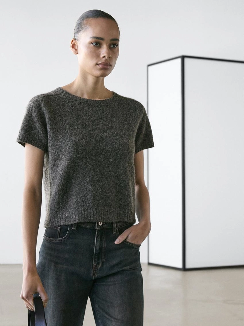 Короткий вязаный свитер из альпаки и шерсти