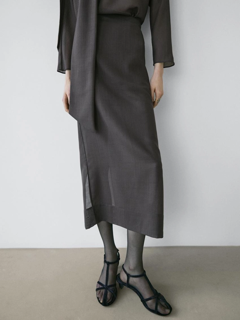 Прямая юбка миди с деталями из прозрачной ткани - studio