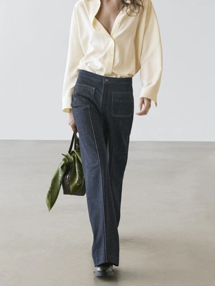 Джинсы с высокой посадкой и расклешенными брючинами с карманами- Заказать в России