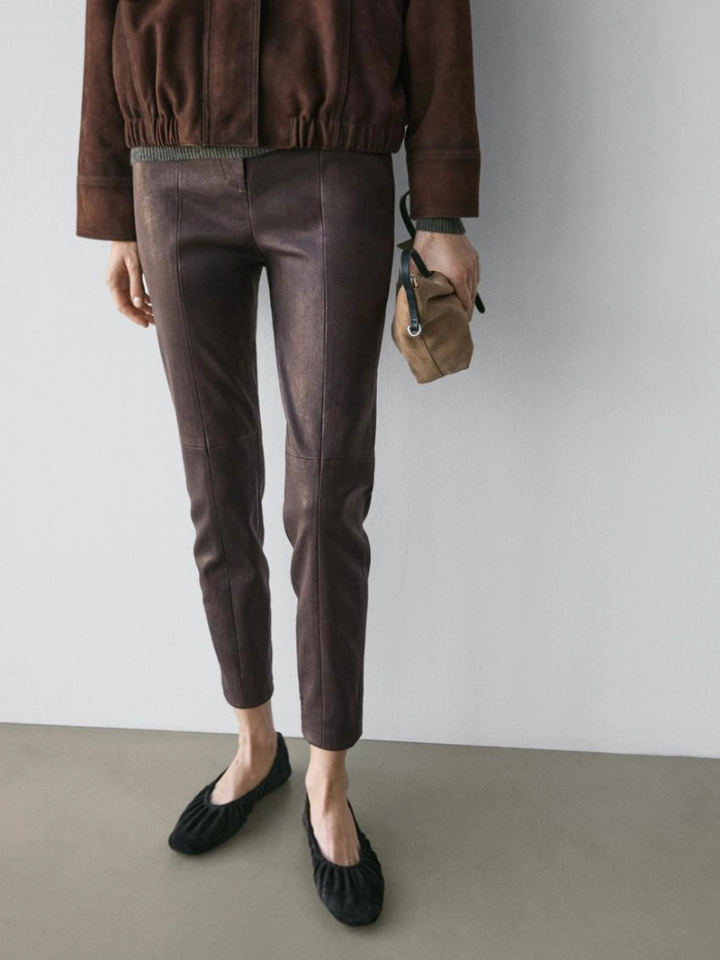 Кожаные леггинсы из овчины с деталями на резинке