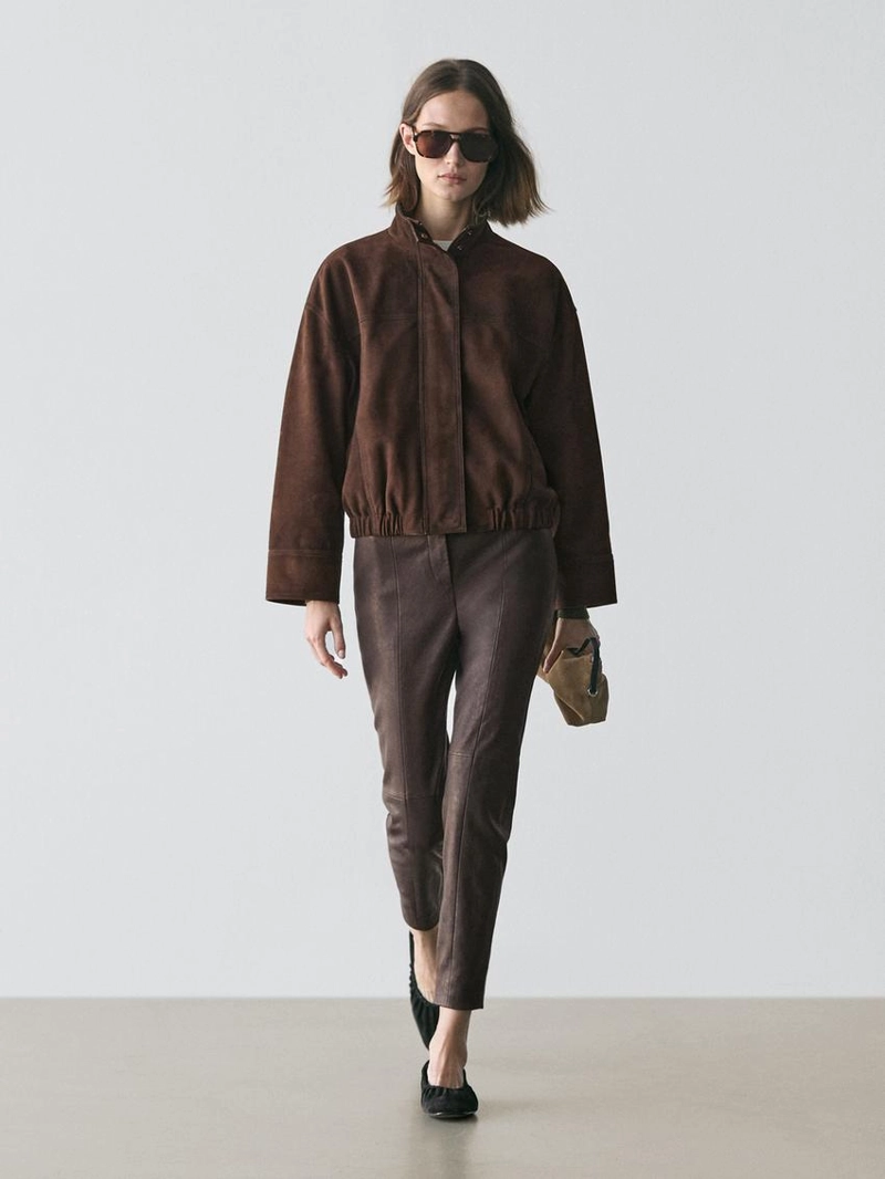 Кожаные леггинсы из овчины с деталями на резинке