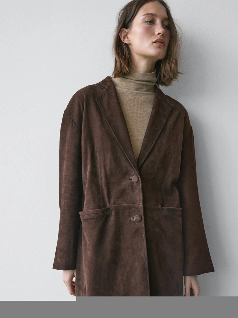 Длинное замшевое кожаное пальто