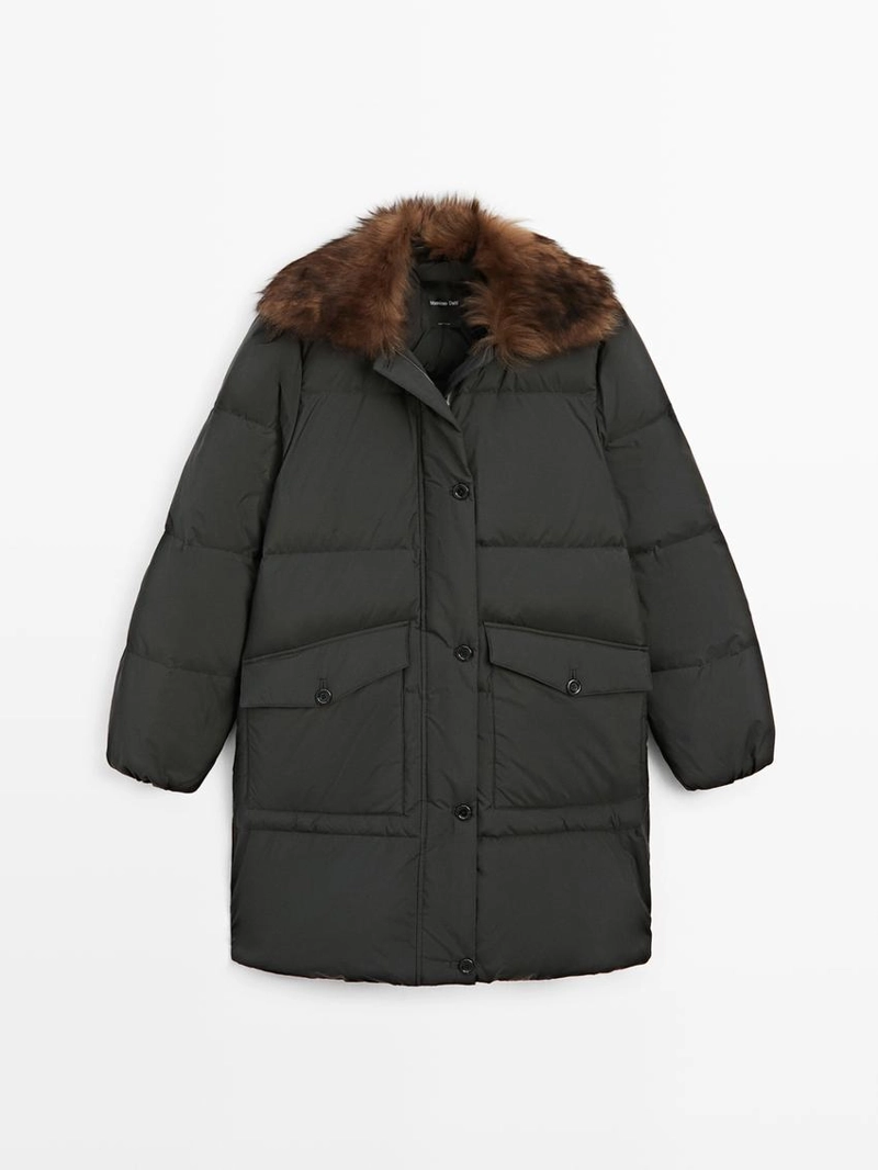 Длинный водоотталкивающий пуховик с воротником