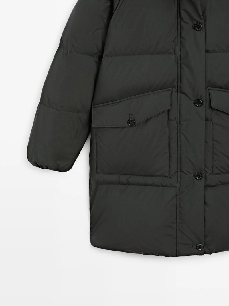 Длинный водоотталкивающий пуховик с воротником