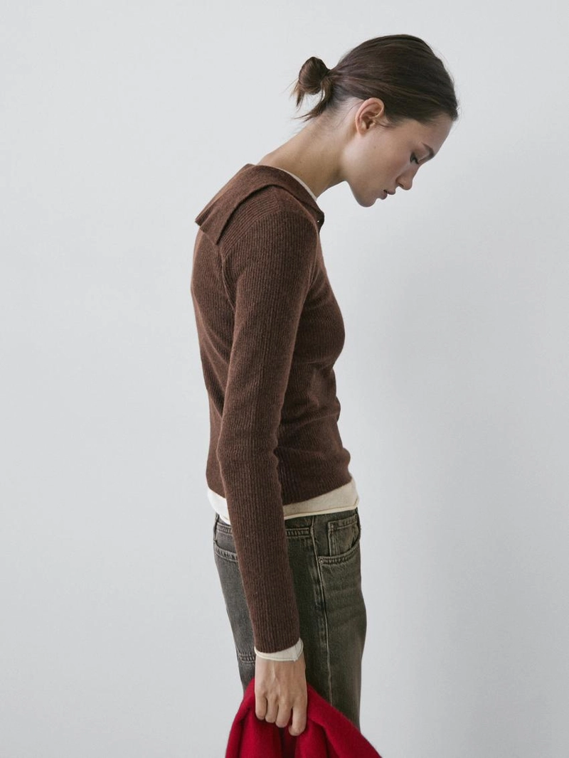 Поло-свитер с воротником из меланжевого трикотажа