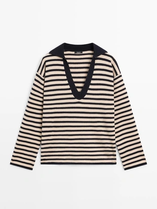 Водолазка с полосатым V-образным вырезом из вязаного полотна- Заказать в России