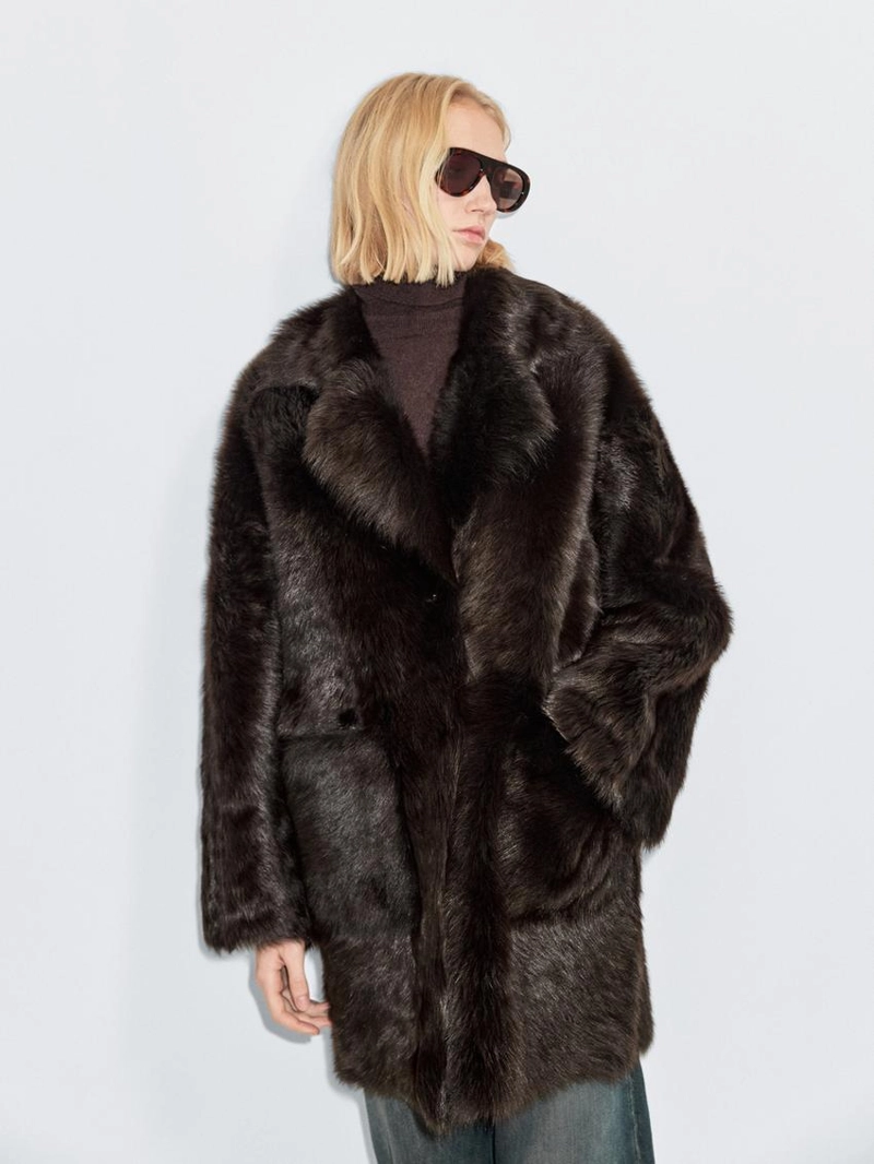 Длинное кожаное пальто с мехом