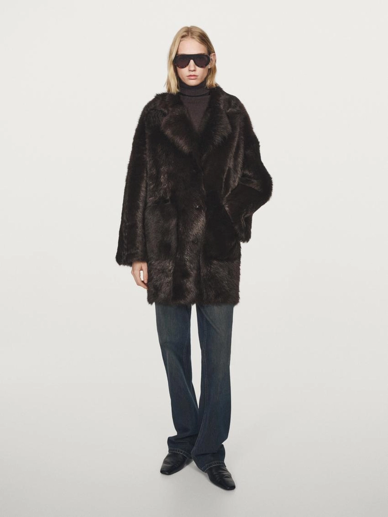 Длинное кожаное пальто с мехом