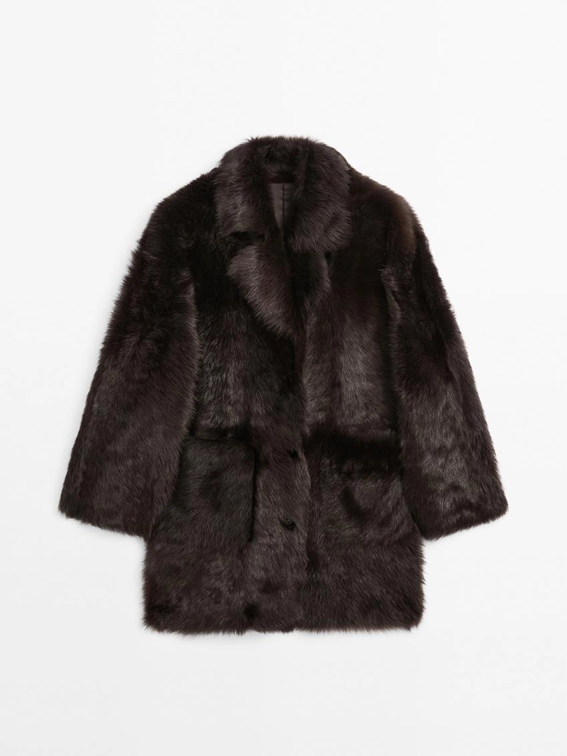 Длинное кожаное пальто с мехом