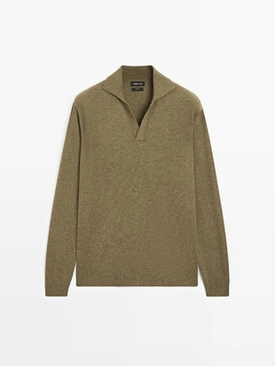 Водолазка-поло из 100% шерсти с V-образным вырезом- Заказать в России