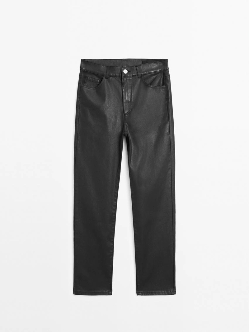 Брюки прямого кроя с высокой посадкой и восковым покрытием