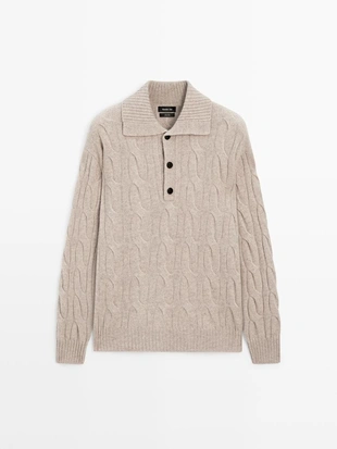 Поло-свитер с кабельным узором из 100% шерсти- Заказать в России