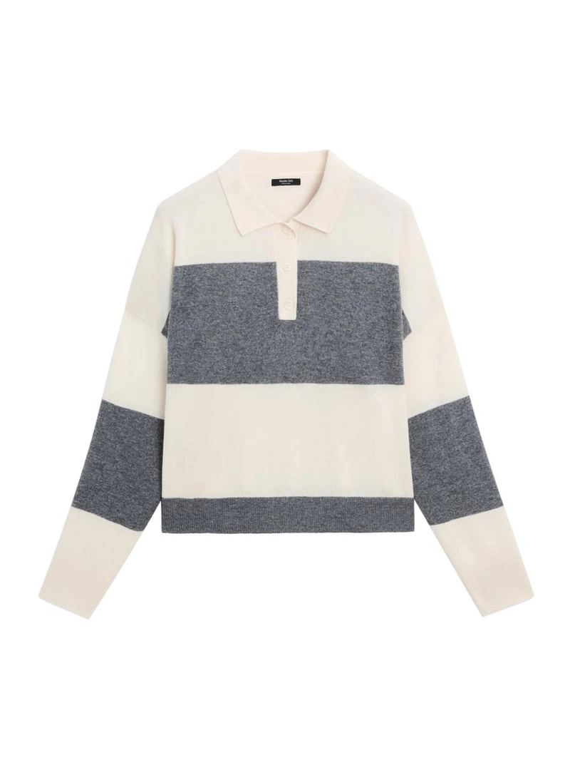 Полосатый вязаный свитер с воротником-поло