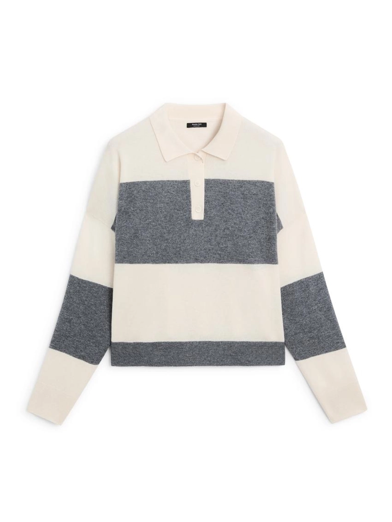 Полосатый вязаный свитер с воротником-поло