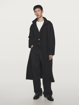 Длинное пальто с высоким воротником из 100% шерсти- Заказать в России