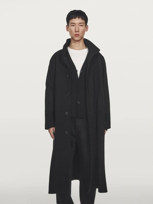 Длинное пальто с высоким воротником из 100% шерсти- Заказать в России