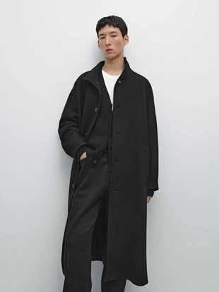 Длинное пальто с высоким воротником из 100% шерсти- Заказать в России