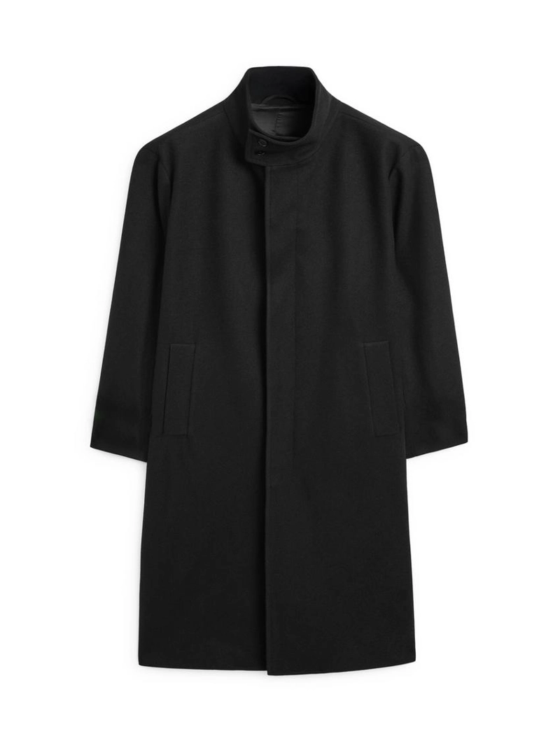 Длинное пальто с высоким воротником из 100% шерсти