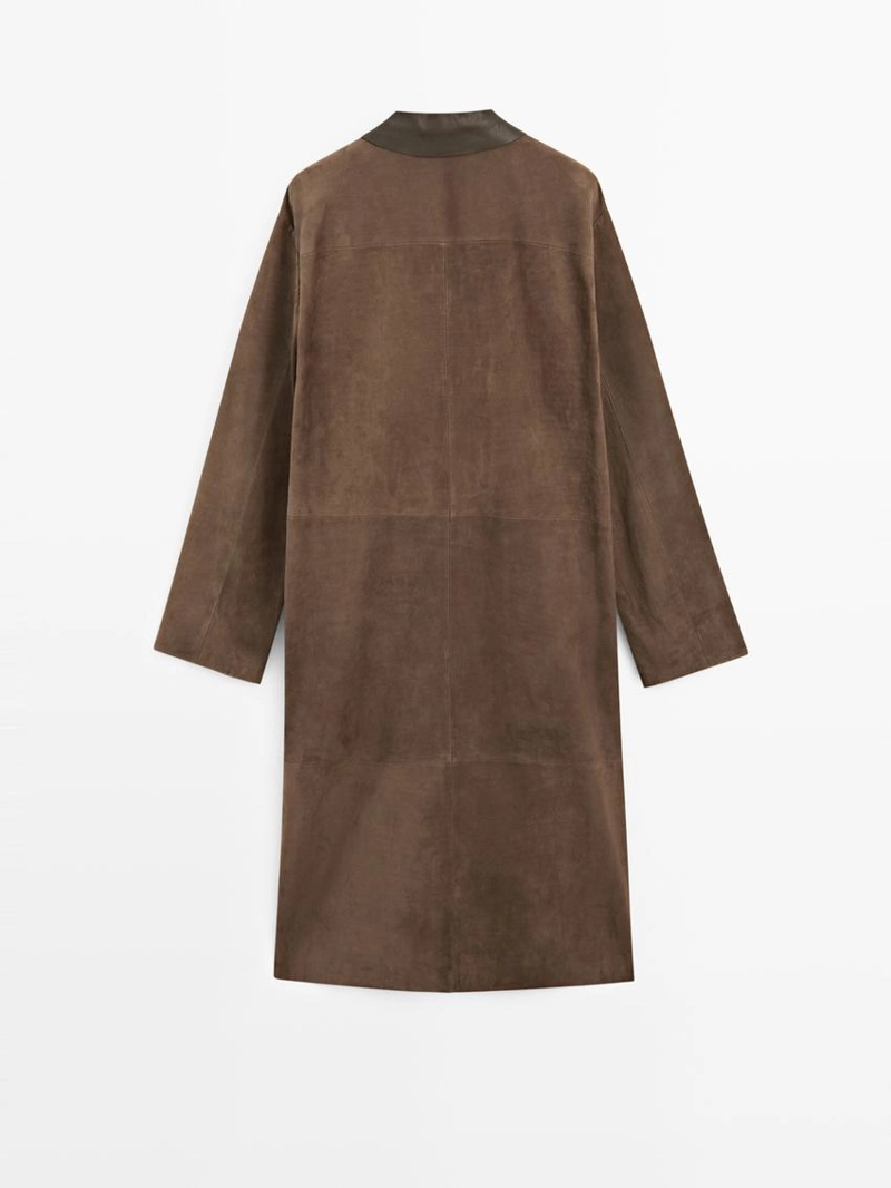 Длинное замшевое кожаное пальто