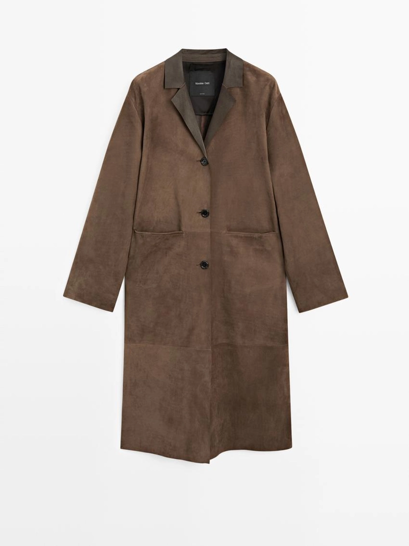 Длинное замшевое кожаное пальто