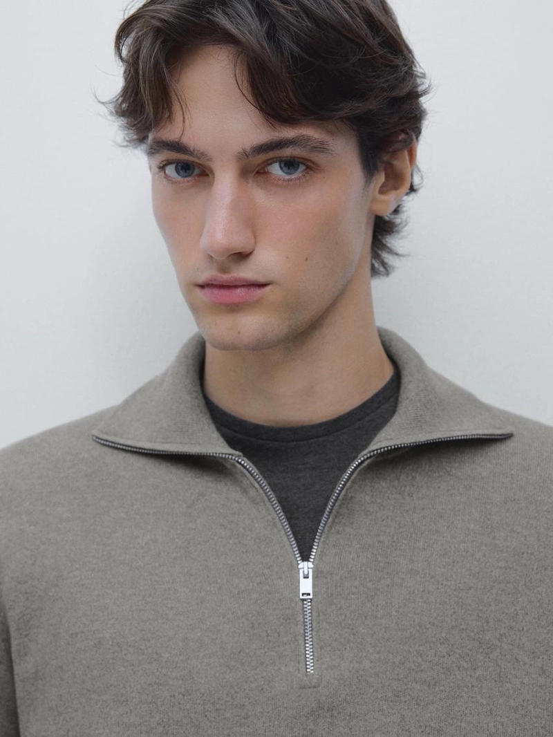 Трикотажный свитер с высоким воротником и молнией massimo dutti из хлопка