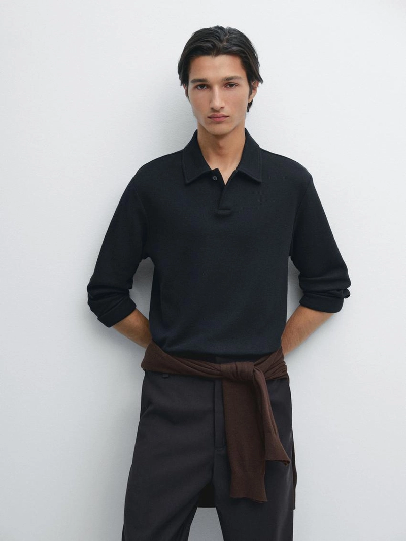 Поло с длинными рукавами из текстурированной ткани