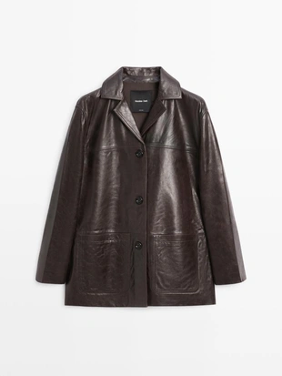 BROWN|4758/618 - Massimo Dutti Пиджак из натуральной кожи с пуговицами