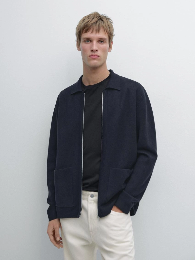 Кардиган из хлопка и шерсти с застежкой-молнией и карманами