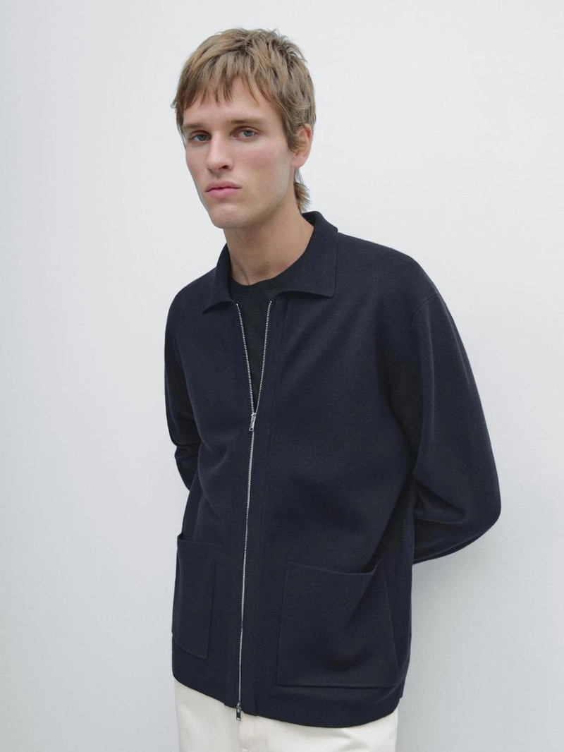 Кардиган из хлопка и шерсти с застежкой-молнией и карманами