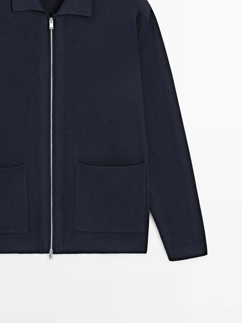 Кардиган из хлопка и шерсти с застежкой-молнией и карманами