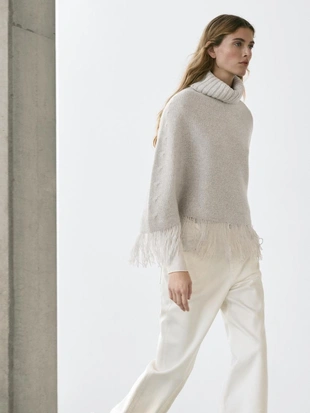 Пальто из 100% шерсти с деталями бахромы- Заказать в России