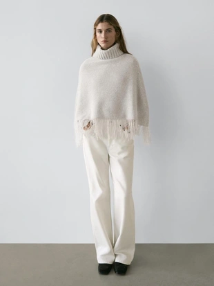 Пальто из 100% шерсти с деталями бахромы- Заказать в России