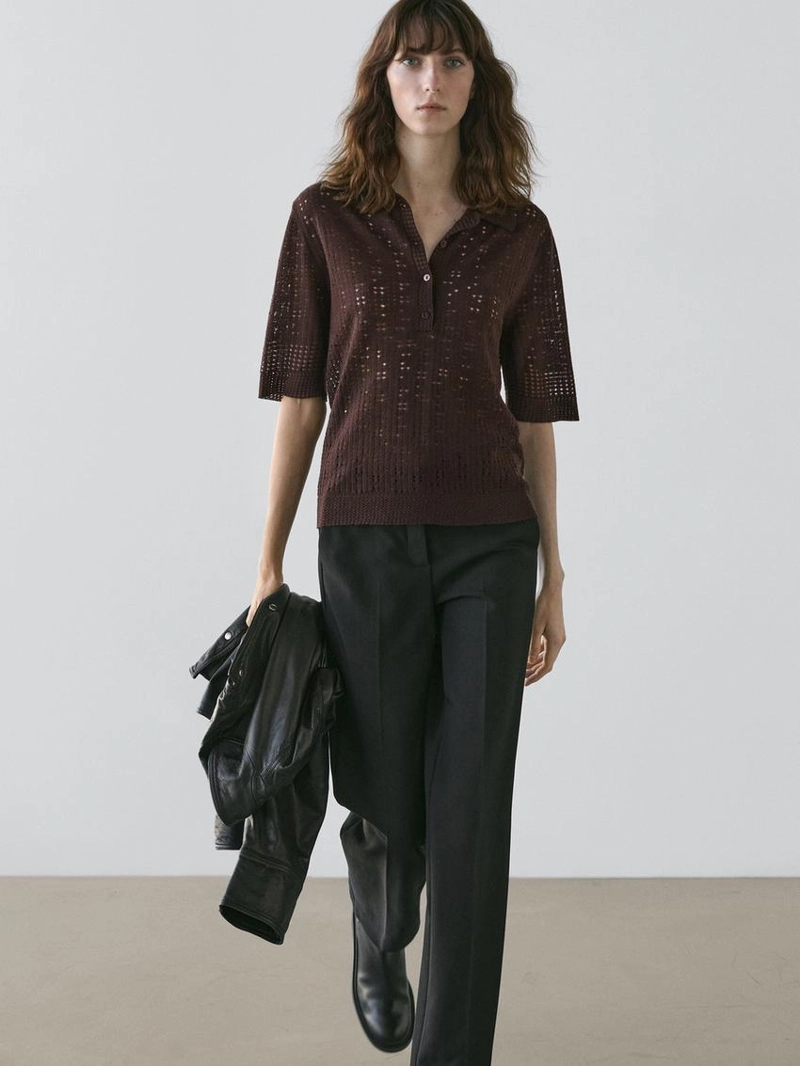 Поло из шерстяно-шерстяной смеси с коротким рукавом