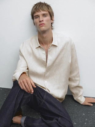 Рубашка свободного кроя из льна с эффектом потертости- Заказать в России