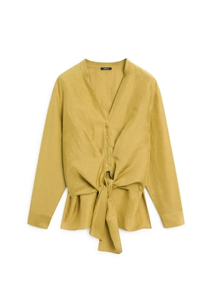 Рубашка из смесового льна с узловым деталем- Заказать в России