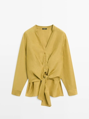 Рубашка из смесового льна с узловым деталем- Заказать в России