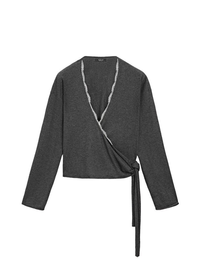 Кардиган с оборками и кружевом из шерстяного смесового вязаного полотна