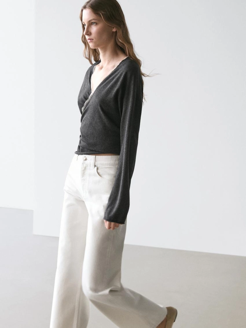 Кардиган с оборками и кружевом из шерстяного смесового вязаного полотна