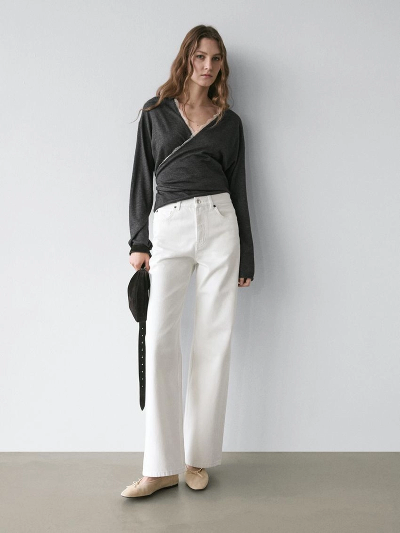 Кардиган с оборками и кружевом из шерстяного смесового вязаного полотна