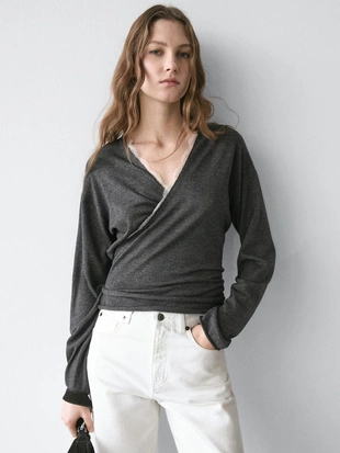 Кардиган с оборками и кружевом из шерстяного смесового вязаного полотна- Заказать в России