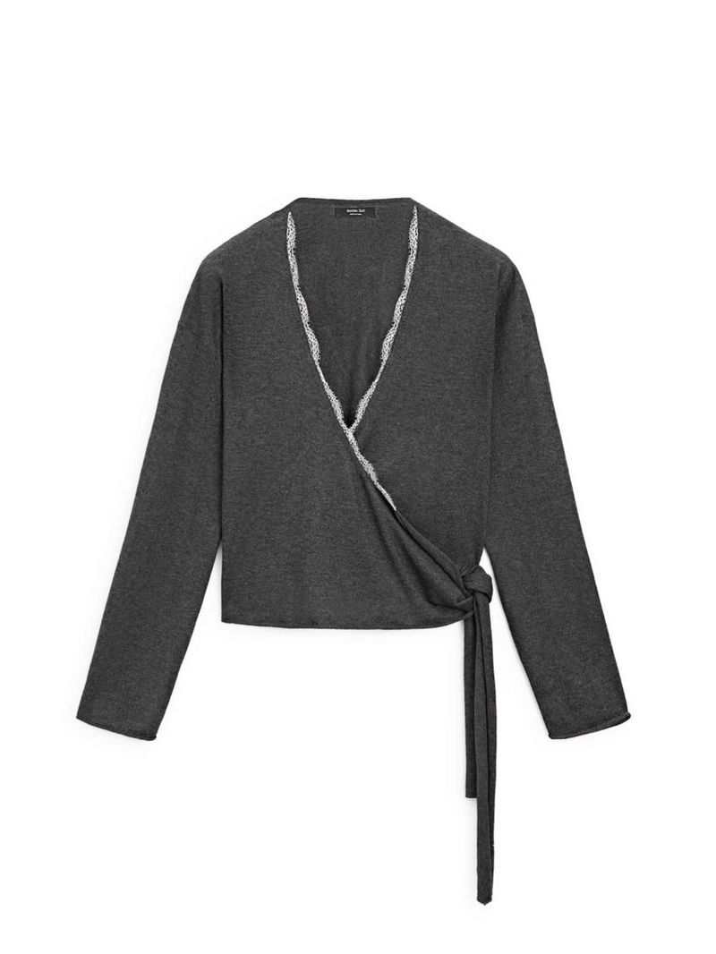 Кардиган с оборками и кружевом из шерстяного смесового вязаного полотна