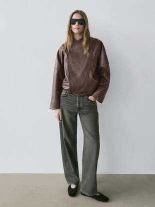 Асимметричная кожаная бомбер-куртка из нубука- Заказать в России