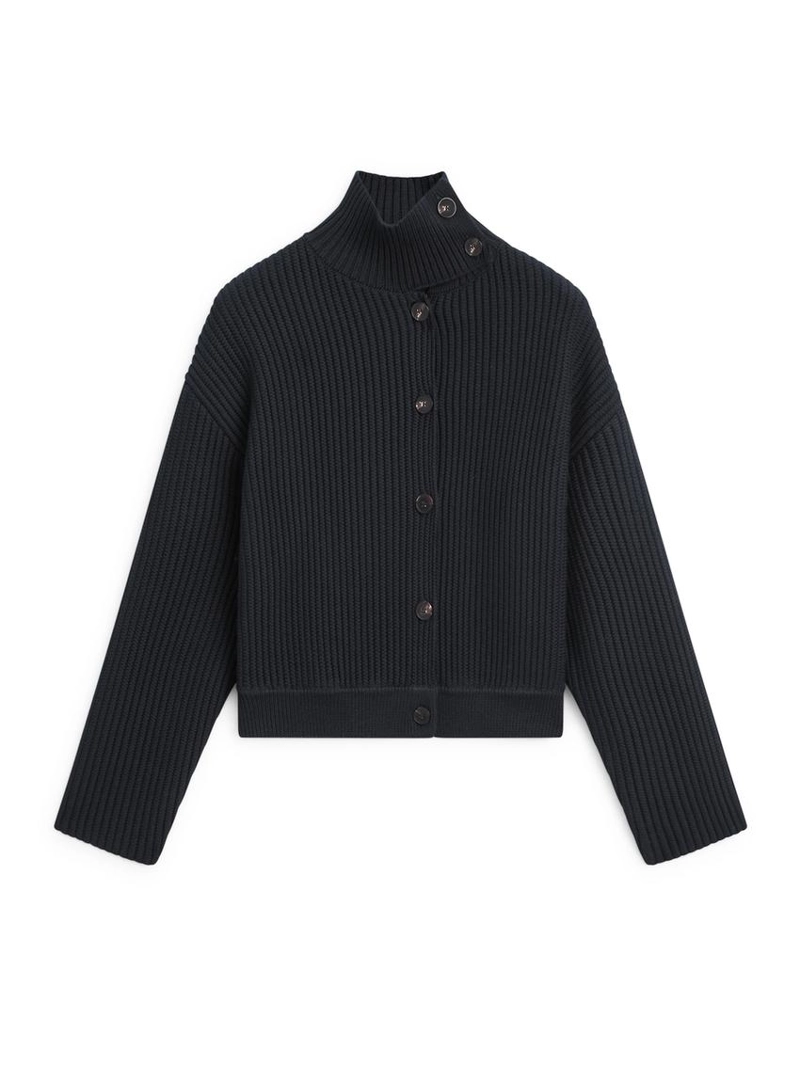 Кардиган из хлопкового трикотажа с высоким воротником