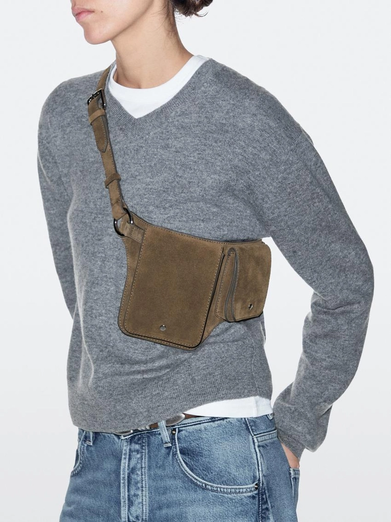 Поясная сумка из натуральной и спилковой кожи с двумя отделениями