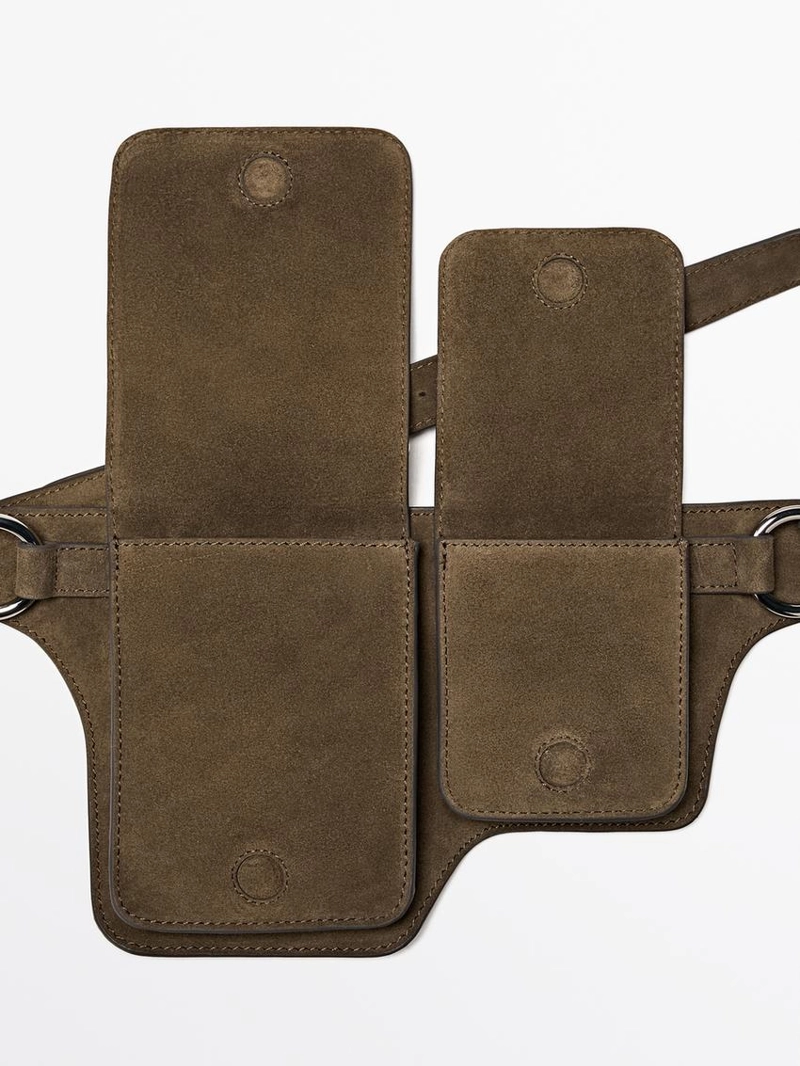 Поясная сумка из натуральной и спилковой кожи с двумя отделениями