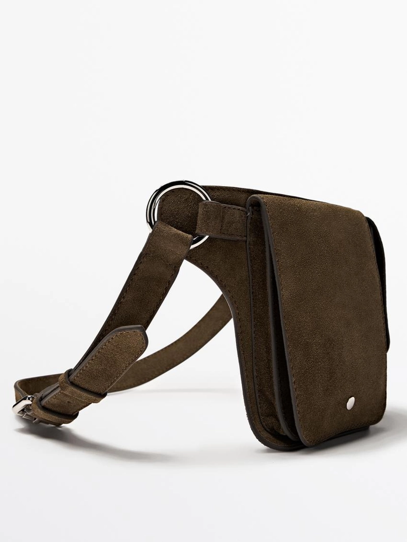 Поясная сумка из натуральной и спилковой кожи с двумя отделениями