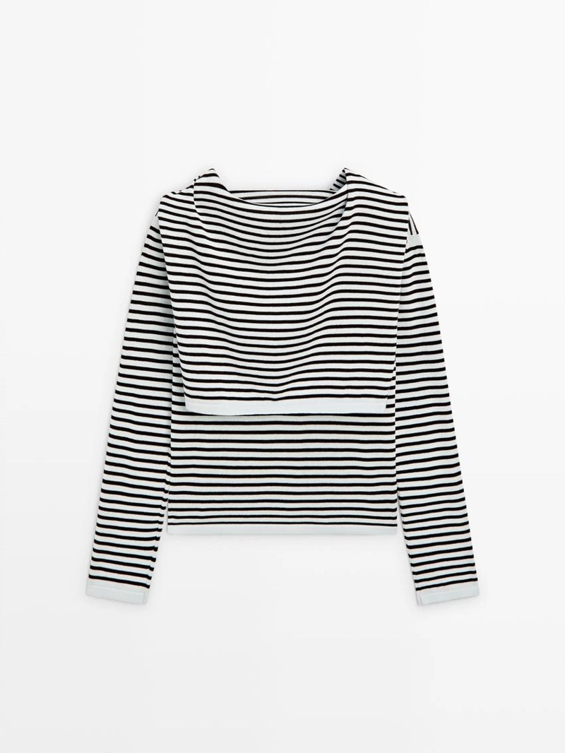 Джемпер из хлопкового трикотажа в полоску с деталями на рукавах